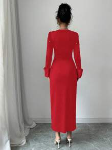 Elenzga Women's Beaded Contrast Color Long Sleeve Dress - Red - View 2