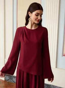 ZEYLAH Chemisier pour dames avec bouton décoratif en perle rouge vin - Rouge foncé - Voir 7