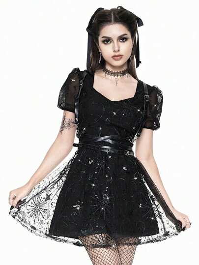 Goth Vestido de estilo gótico para mujer con mangas abullonadas, efecto ajustado y acampanado, con combinación de malla de contraste y detalles con brillo