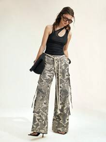 SHEIN LUNE 女士宽松猎豹蛇纹印花阔腿工装裤，夏季女装，秋季女装工装裤 - 彩色 - 查看 5