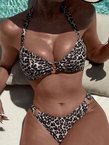 Swim SXY Springbreak Women Leopard Print Halter Backless Bikini Set, Sexy Festival Boho Beach Outfits, Summer Vacation - Multicolor - View 3