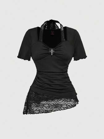 Parte superior de verano para vacaciones de mujer con parches, encaje, dobladillo asimétrico, encaje, cuello halter y cintura con lazo, camiseta de mujer para verano, conciertos, festivales, raves, conciertos de country