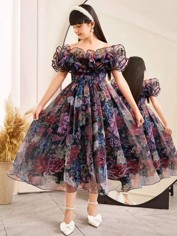 SHEIN Tween Girl Rochie de lungime mijlocie, elegantă, cu volane, cu mai multe straturi, cu imprimeu floral