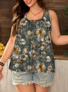 EMERY ROSE Plus Size Loose Ruched Tank Top With Khaki Ditsy Floral, Adjustable Strap, Suitable For Spring/Summer Resort Wear - Multicolor - View 4