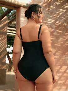SHEIN Swim Curve Plus Size Women's Black Solid Color Sexy Minimalist Slimming Cut Out Front One-Piece Swimsuit, For Summer Beach Vacation
