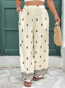 SHEIN Frenchy Quần dài đi nghỉ thoải mái cỡ lớn cho nữ có túi - Màu be - Xem 4