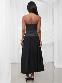 SHEIN Unity Women's Strapless Satin Balloon Hem Maxi Dress Black,Summer,Elegant,Party Night,Classy Bridal Prom Dinner Church Thanksgiving Christmas NYE Outfits - Blue - View 3
