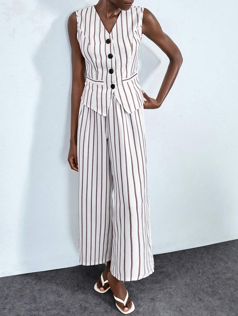 Lumivelle Conjunto de chaleco sin mangas a rayas y pantalones de pierna ancha con estilo - Beis - Ver 1