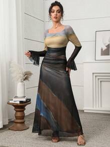 Modelyn Elegant Ombre Print Long Dress For Women,Long Sleeves Bodycon Dress - Multicolor - View 3