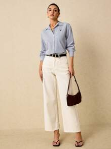 Poéselle 女式条纹长袖单排扣休闲工作衬衫 - 藍白色 - 查看 5