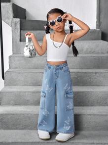 SHEIN Young Girl' Y2K White Butterfly Pattern Retro Blue Denim Wide Leg Pants,Kid Girls Spring And Summer Casual Vacation Hobo Wear - Light Wash - View 3