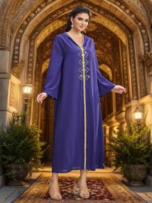 Al Najma 女士宽松长袖连帽拼接阿拉伯风格连衣裙 - 紫色 - 查看 7