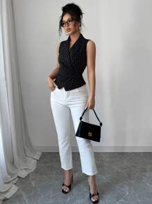 Elenzga 女士条纹披肩领无袖休闲衬衫 - 黑色 - 查看 4