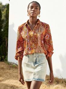 Aveloria Modichic Blusa de mujer de estilo bohemio nómada con estampado, cuello vuelto y manga larga