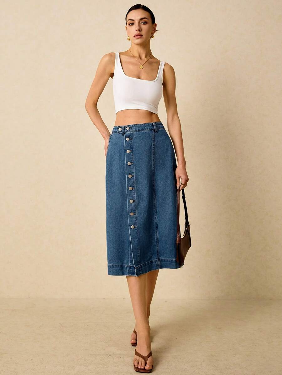 SHEIN Tall 宽松休闲高腰女式牛仔中裙，浅洗牛仔蓝，夏季牛仔裙，侧扣休闲牛仔裙，适合休闲外出 - 中等水洗藍 - 查看 1