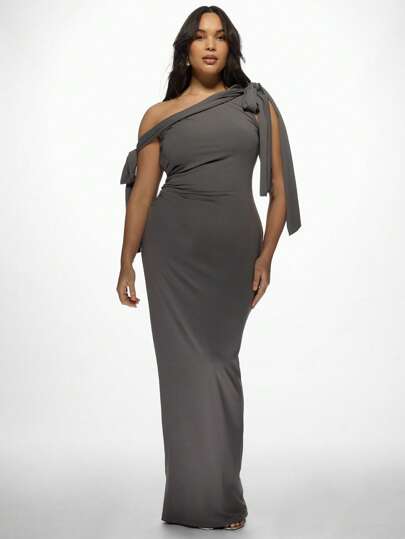 MISSGUIDED PLUS 不对称单肩晚礼服，优雅蝴蝶结细节，侧面褶皱，加大码派对礼服，正式婚礼宾客特殊场合