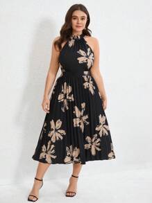 Aveloria Modichic Elegant Mature Fashion Black Base Khaki Big Flower Print Halter Tie Waist Pleated Flowy Dress, Plus Size