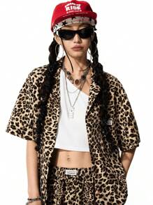 SHEIN Tween Girls Short Sleeve Leopard Print Collared Shirt And Shorts Loungewear Set, Spring/Summer - Coffee Brown - View 3