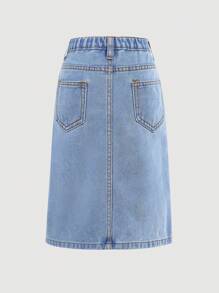 SHEIN 年轻女孩休闲基础款蓝色牛仔裙，春夏波西米亚风半裙，春夏休闲度假流浪风穿搭，街头潮流 - 淺色水洗藍 - 查看 2