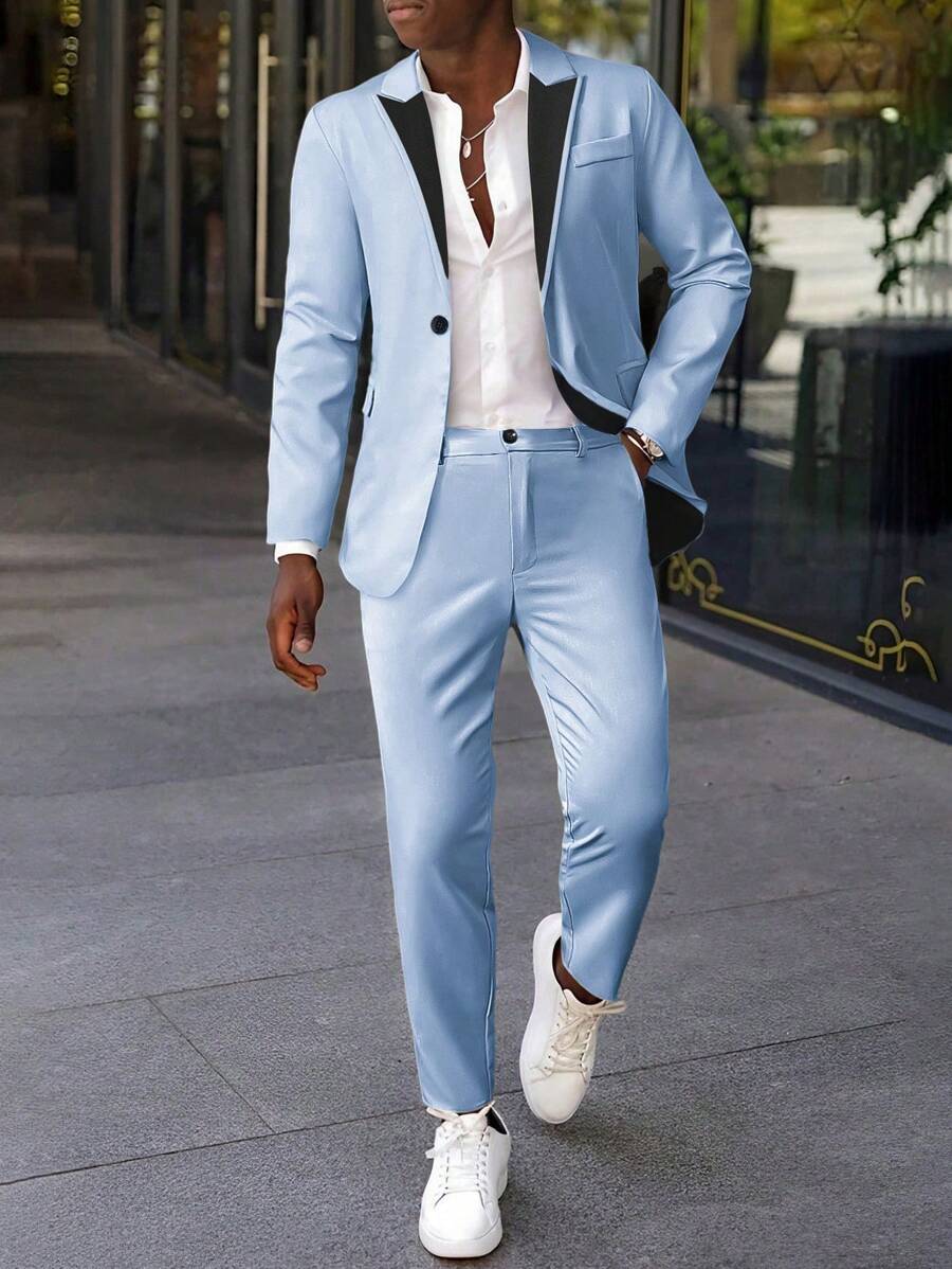 Calvornis Two-Piece Men's Colorblock Lapel Jacket And Trousers Suit Set - Baby Blue - View 1