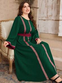 Al Najma 女士拼接宽松休闲连衣裙，圆领，喇叭袖，加大码，阿拉伯复古风格 - 綠色 - 查看 4