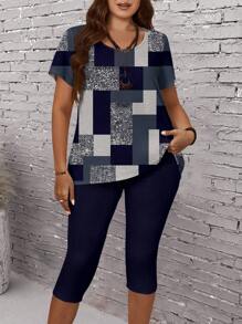 EMERY ROSE Casual Simple Plaid Pattern Loose Plus Size Two Pieces Suit Suitable For Summer, Concert Outfit Women,Spring/Vacation - Multicolor - View 1