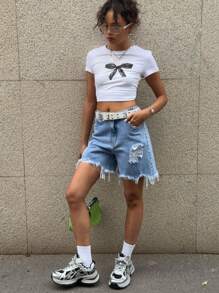 Denimly 少女休闲日常都市街头牛仔短裤，破洞下摆，松紧腰带，拉链开合 - 淺色水洗藍 - 查看 3