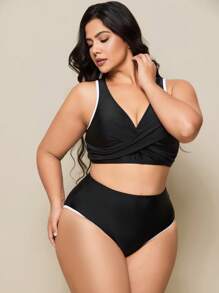 SHEIN Swim Curve Plus Size Women 2pcs Contrast Binding V-Neck Criss-Cross Bikini Swimwear, Summer Beach Vacation - Black - View 5