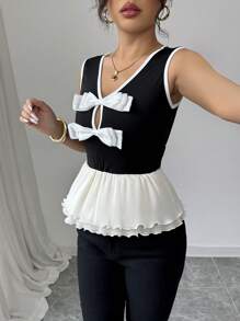 Chiquease Women Bow Decor Minimalist One Shoulder Lace Elegant T-Shirt - Black and White - View 3