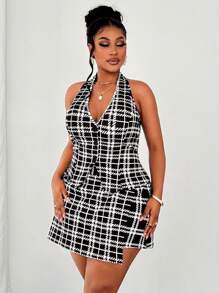 Maweii 大码女式经典黑白格纹吊带纽扣背心和迷你裙两件套