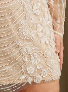 Anewsta Đầm dự tiệc tay dài đính sequin gợi cảm cỡ lớn cho nữ, trang phục xuân/hè - Màu be - Xem 4