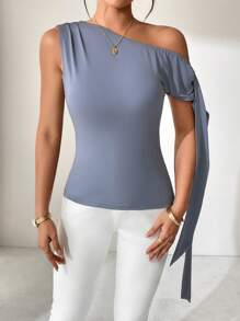 Chiquease 女士纯色修身单肩蝴蝶结优雅夏季 T 恤 - K-POP 风格度假上衣，非常适合情人节