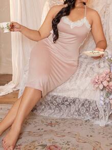 Plus Size Lace Patchwork Sexy Sling Nightgown Babydoll Holiday Season - Dusty Pink - View 5