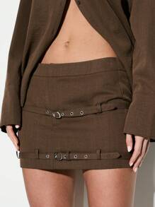 KIZN Edgy Buckle Detail Mini Skirt Y2K Fashion Double Strap Accent Urban Streetwear Fall Winter Party Club Night Out Statement Piece Mini Skirt