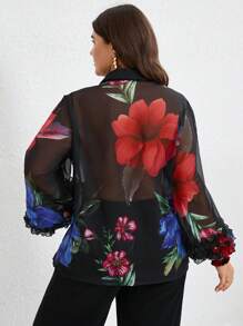 Aveloria Modichic Plus Size Chiffon Splicing Colorful Floral Print Layered Ruffled Cuff Long Sleeve Blouse, Elegant Design Fall Cloth For Women - Multicolor - View 2