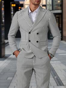 Manfinity Mode Men's Casual Button Front Striped Pocket Long Sleeve Top & Long Pants 2pcs Set - Black and White - View 3