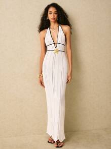 Poéselle Women Deep V Hollow Design Sexy Halter Knit Dress,Vacation Outfits Woman,Beach Vacation Outfits,Summer Outfits For Women,Beach Cover Up Women - White - View 2