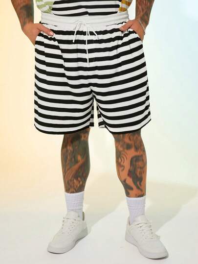 EASEVO Pantalones cortos de punto a rayas en blanco y negro para hombres de talla grande