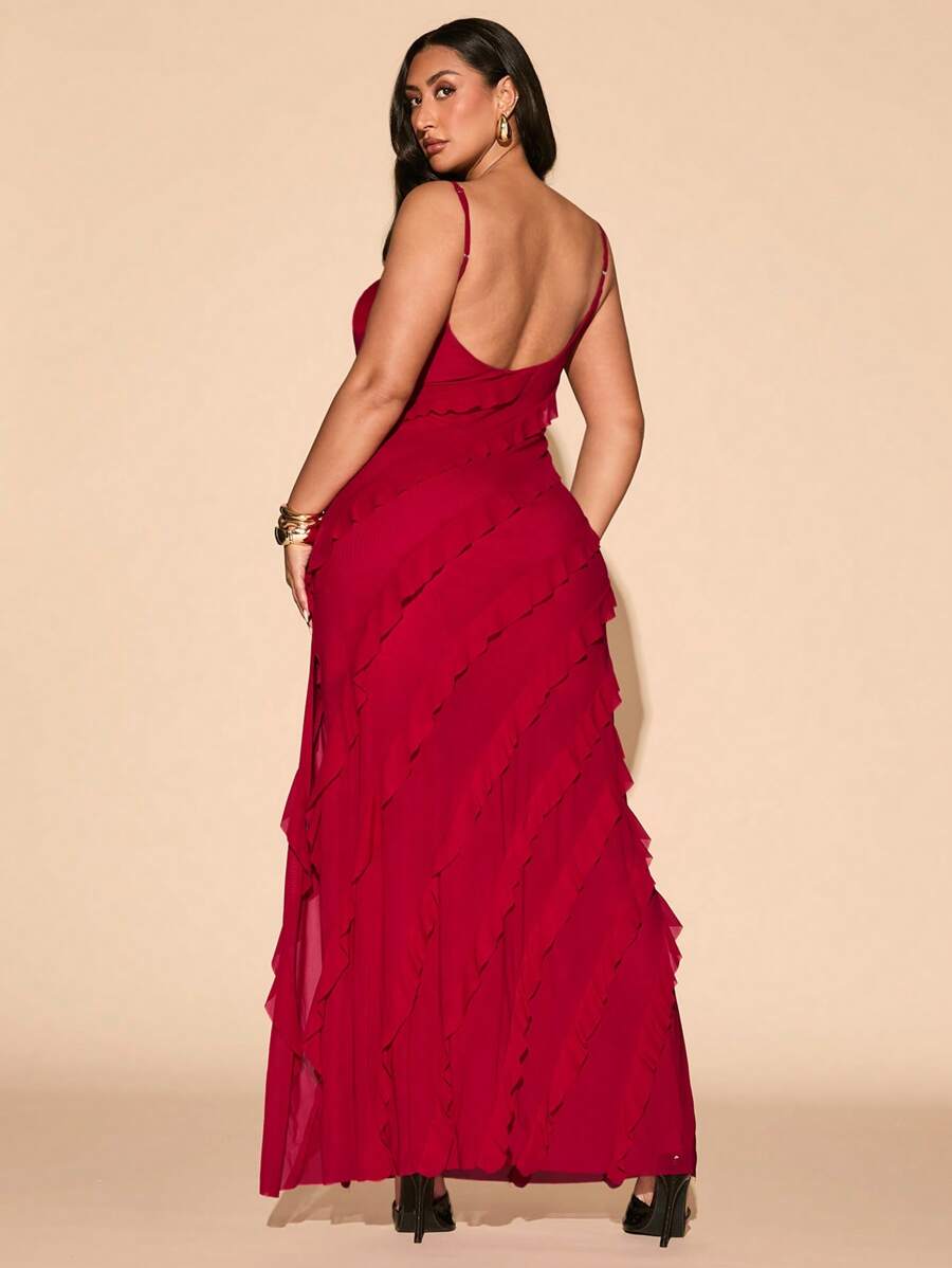 SHEIN BAE Váy maxi xẻ tà viền bèo nhún màu đỏ cỡ lớn dành cho nữ, thanh lịch và gợi cảm cho mọi ngày, đi chơi, hẹn hò, tiệc trà chiều, kỳ nghỉ, mùa xuân/hè, váy sang trọng thanh lịch, trang phục Nashville, váy mùa hè cho nữ, trang phục nghỉ mát cho nữ, váy dự tiệc cưới cho nữ, váy tốt nghiệp, váy bồng bềnh - Đỏ - Xem 1