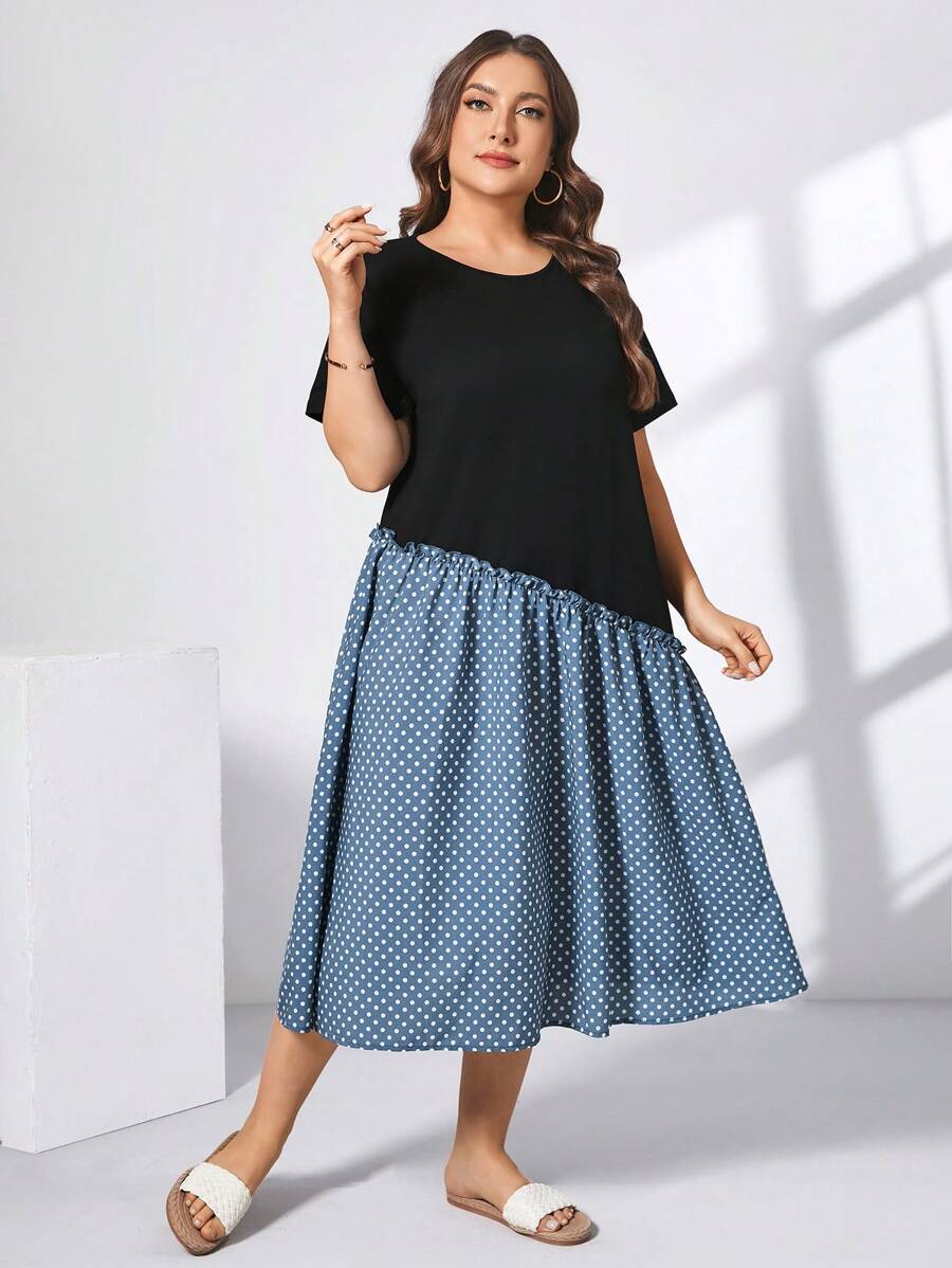 SHEIN Essnce Váy dài vừa phải chấm bi xanh đen thời trang xuân hè cỡ lớn cho nữ, trang phục bảo thủ, trang phục mùa hè, váy mùa xuân cho phụ nữ, quần áo mẹ và con gái - màu đen - Xem 1