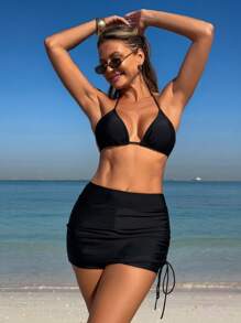 Swim Lushoire Women Solid Side Drawstring Skort Beach Outfits For Summer, For Summer Beach Vacation - Black - View 3