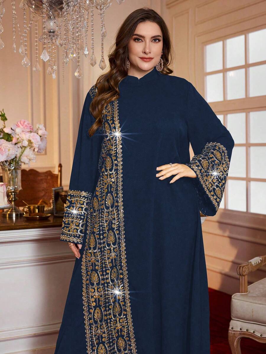 Al Najma Plus Size New Elegant Stand Collar Long Sleeve Pearl Embroidery Luxurious Ladies Robe Classy Dresses For Women Luxury Dress For Women,Modest - Navy Blue - View 1