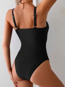 Swim Chiccia Women's Simple Solid Ribbed One Piece Swimsuit For Summer Beach Vacation - Black - View 2