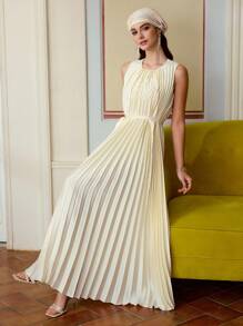 ZEYLAH Women's Crew Neck Sleeveless Pleated Maxi Belted Dress, Satin Dress
