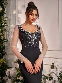Glamrae Elegant Black V-Neck Long Sleeve Luxury 3D Rhinestone Handmade Beaded Sheer Mesh Backless Mermaid Tail Train Evening Gown,Party Dress,Formal,Wedding Guest