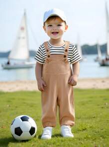 SHEIN Set de 2 piezas, camiseta de manga corta acanalada casual y versátil, y peto con orejas de animal de pana para bebé niño/niña, adecuado para primavera/verano