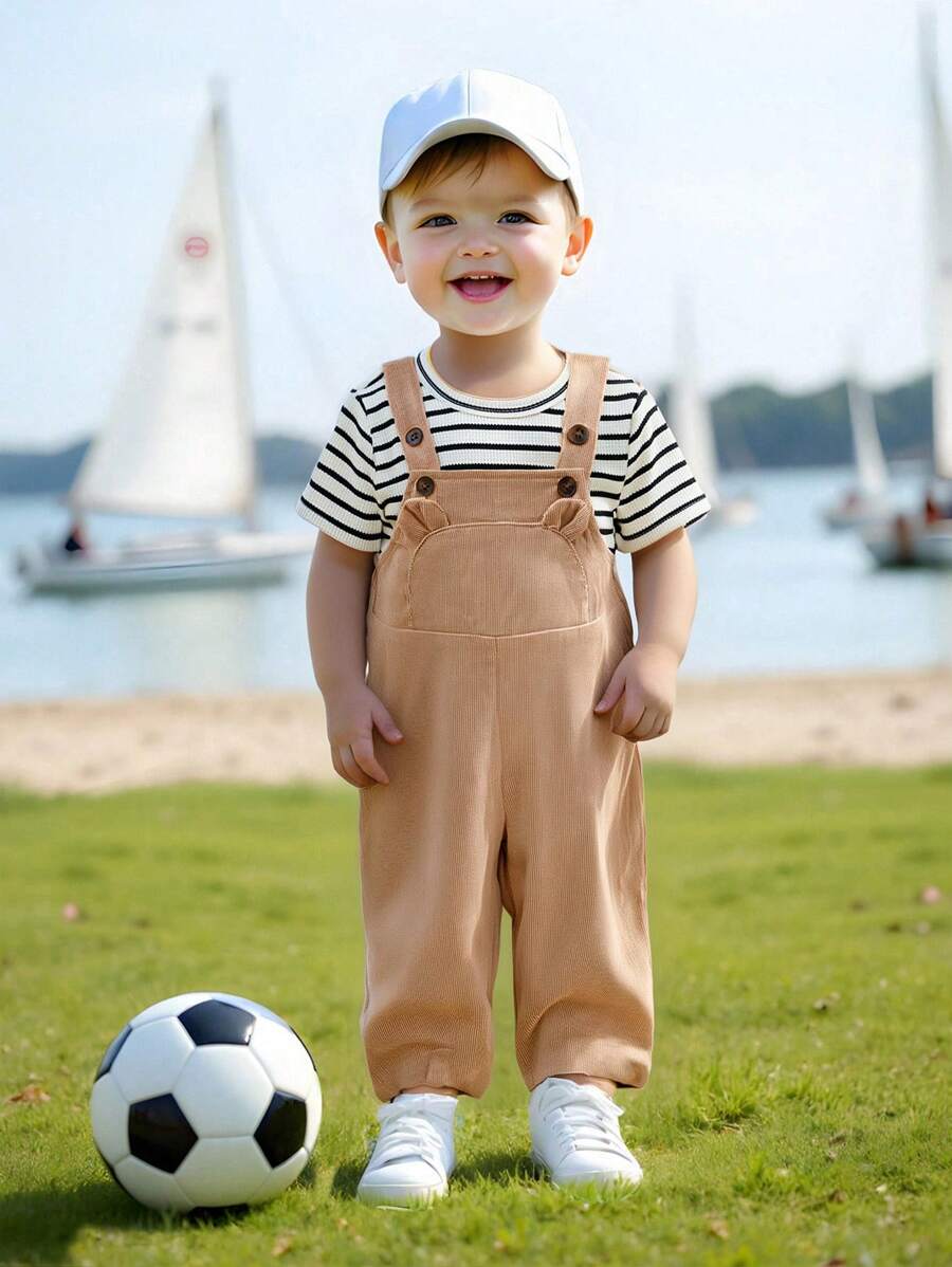 SHEIN Set de 2 piezas, camiseta de manga corta acanalada casual y versátil, y peto con orejas de animal de pana para bebé niño/niña, adecuado para primavera/verano