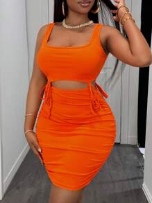 Slaydiva Váy bó sát hở vai gợi cảm mùa hè giản dị, hở vai, viền rút dây - trái cam - Xem 3