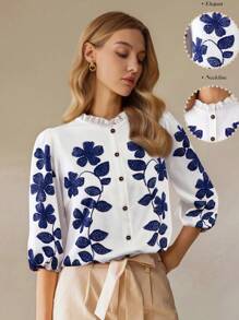 SHEIN Clasi Camicia donna a maniche lunghe con bottoni, con stampa floreale e rifiniture arricciate, adatta per vacanze
