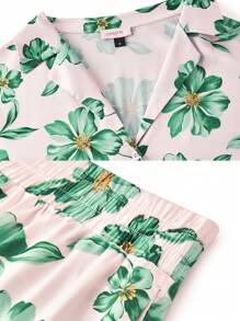 LUVLETTE Silky Satin Green Floral Print Button-Up Top & Shorts Loungewear Airy Women Pajama Set Pants With Pockets Lounge Sets For Women Lingerie